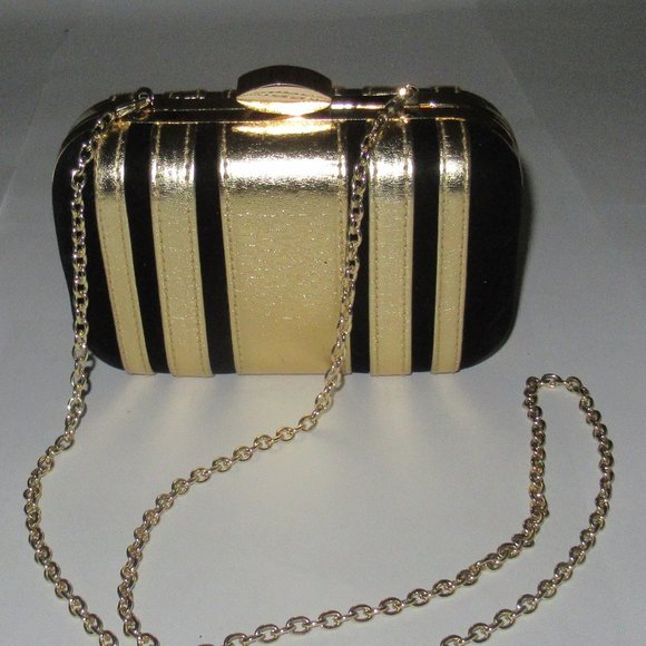 Guess by Marciano black and gold striped clutch purse - Picture 1 of 7